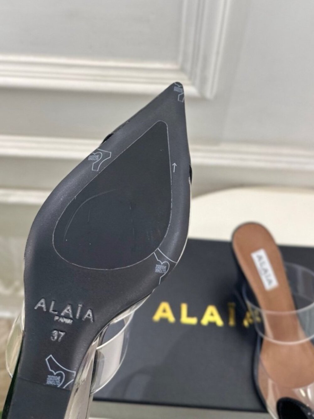 ALAIA Women's Transparent Strap High-Heel Mules with Heart Detail - Picture 7 of 7